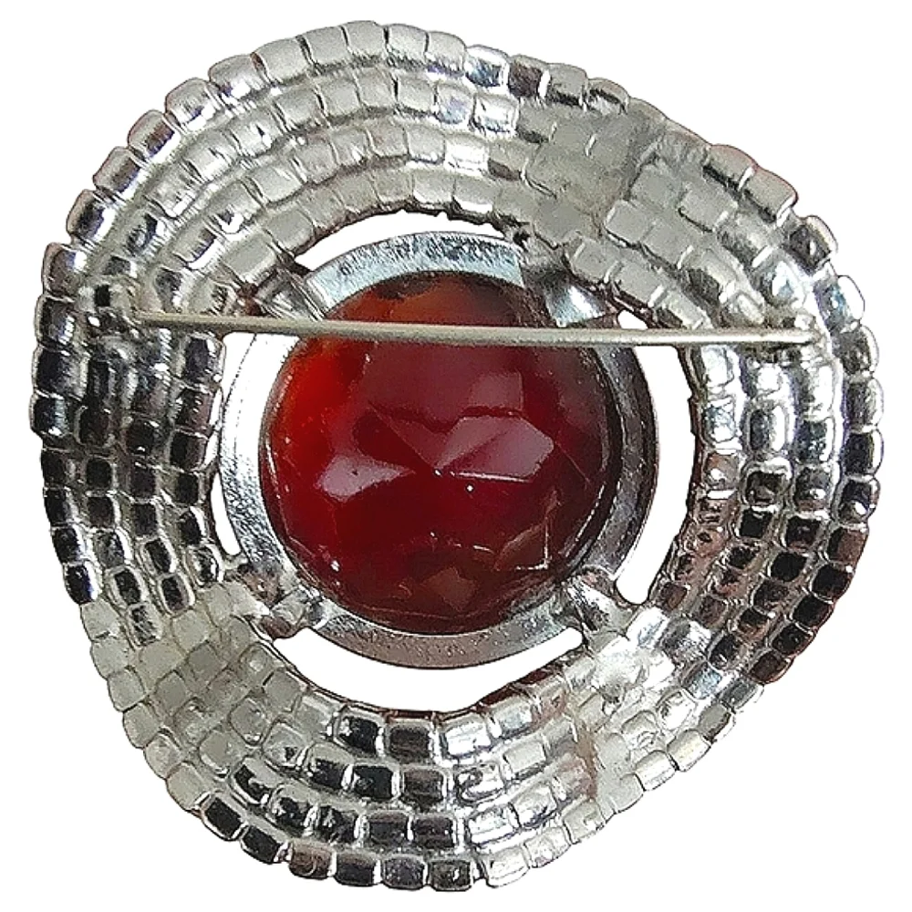 Vintage Wavy Silver Tone Topaz Red Givre Glass & AB Rhinestone Unsigned